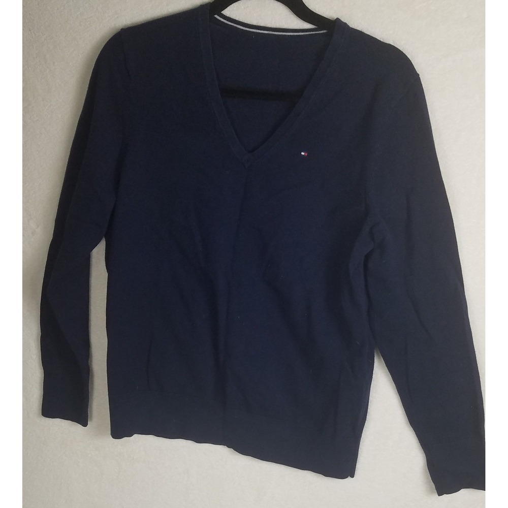 Tommy Hilfiger V-Neck Sweater Mens L Navy Blue Excellent Pullover Logo Knit